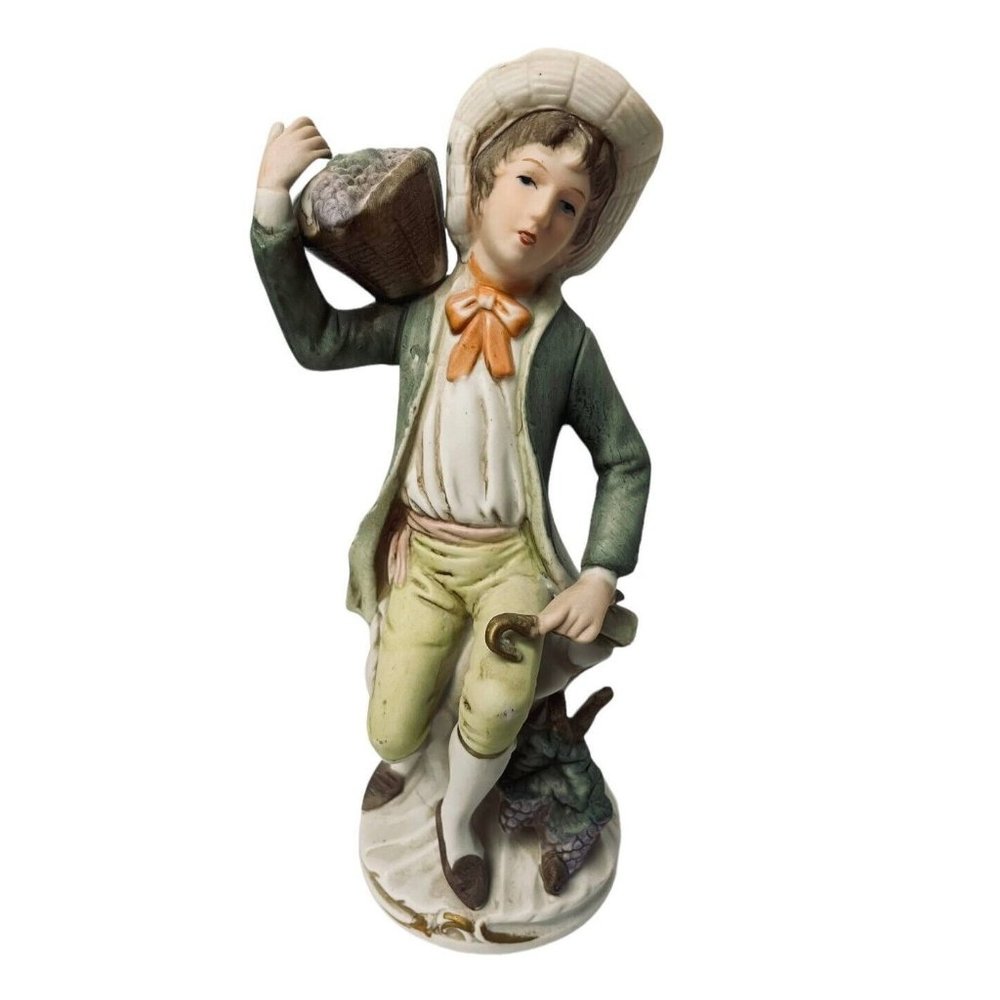 Vintage Homco Tuscany Boy with Basket of Grapes Bisque Figurine Japan‎ 1970 9" x